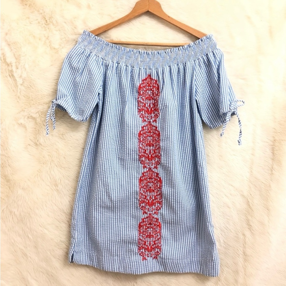 Macbeth Collection by Margaret Josephs Blue and Red Off-Shoulder Dress
